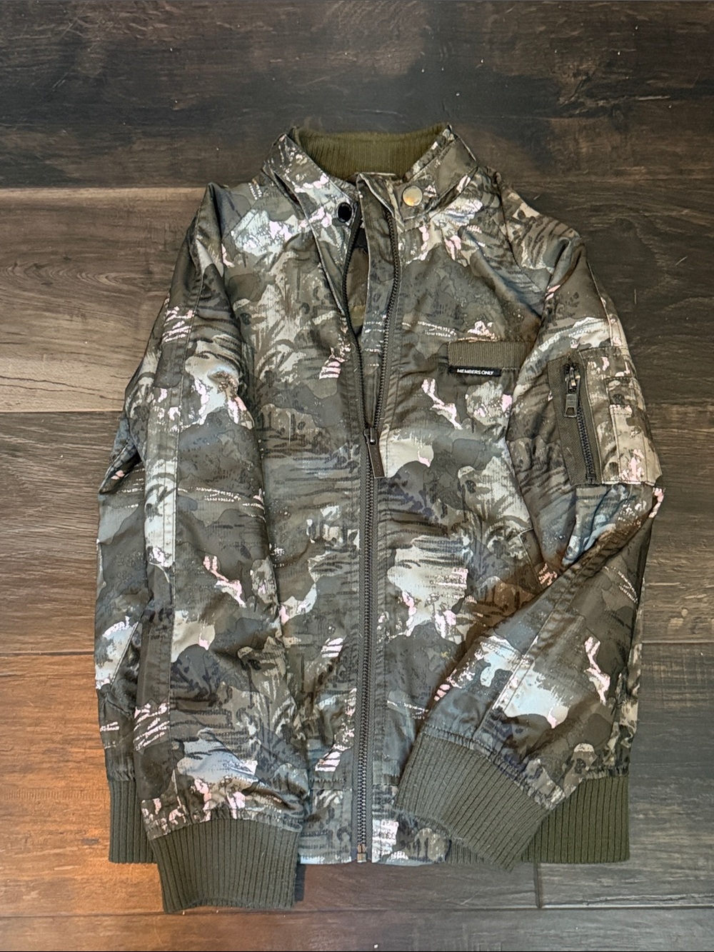 Members Only Olive Green Camo Bomber Jacket with Pink Accents